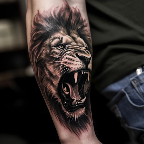 Lion Tattoo Roaring, Scared Lion Tattoo, Roaring Lion Tattoos For Men, Lion Roar Tattoo, Angry Lion Tattoo Design, Lion Tattoo Leg, Lion Forearm Tattoo For Men, Angry Lion Tattoo, Lion Roaring Tattoo