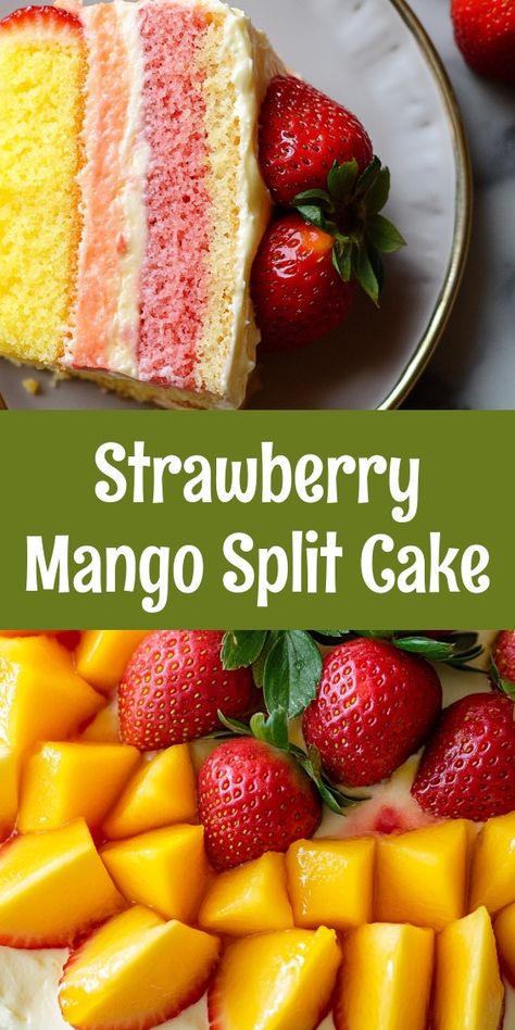 Preparing the Strawberry Mango Split Cake this sunny Saturday felt like a celebration. My daughter helped with the crust, laughter filling the kitchen, while my partner sliced the fruits. As we chilled it, the anticipation of our family gathering sweetened every moment. 🍓🥭 Strawberry Mango Dessert, Mango Strawberry Cake, Strawberry Mango Cake, Chocolate Strawberry Shortcake, Mango Desserts, Split Cake, Peach Melba, Mango Mousse, Mango Dessert