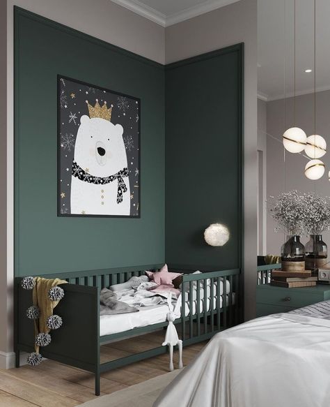 Dark Green Nursery Wall, Dark Kids Bedroom, Nursery Ideas Dark Green, Dark Green Kids Room, Forest Green Kids Room, Dark Green Playroom, Emerald Green Accent Wall Nursery, Green Childrens Bedroom, Modern Toddler Bedroom