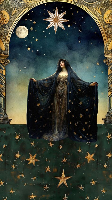 Medieval Astrology Art, Vintage Celestial Aesthetic, Celestial Magic Aesthetic, 1920s Celestial, Astrology Art Vintage, Mysticism Aesthetic, Star Goddess Art, Celestial Academia, Celestial Witch Aesthetic