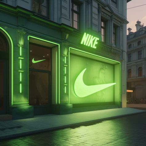 Nike store front with neon signs on a neoclassical building, placed at a street corner. Made with #midjourney #nike #architecture #nikestore #AI Store Front Ideas, Store Front Signage, Neon Window, Neon Branding, Neoclassical Building, Storefront Signage, Neon Store, Retail Facade, Neon Signage