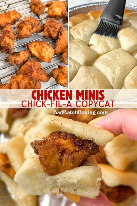 chick-fil-a chicken minis Chick Fil A Chicken Recipe Spicy, Copycat Chik Fil A Chicken Minis, Chic Fil A Copycat Chicken Minis, Chick Fil A Mini Biscuit Recipe, Chick Fil A Breakfast Minis, Homemade Chicken Minis, Chick Fil A Chicken Minis Recipe, Chick Fil A Biscuit Recipe, Chicken Minis Chick Fil A