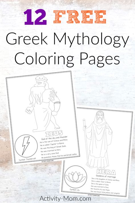 12 free printable greeek mythology coloring pages. Includes greek gods and goddesses plus facts about each one. Zeus Coloring Page, Greek Mythology Pictures, Greek Gods Coloring Pages, Greek Coloring Pages, Greek Mythology Coloring Pages, Greek Mythology Worksheets, Mythology Coloring Pages, Greek Myths For Kids, Zeus Greek