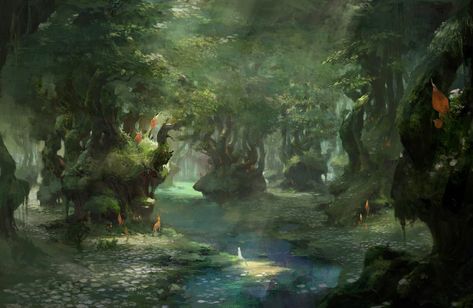 The Art of Xiaodi Jin Chinese Forest, Heroic Fantasy, Fantasy Forest, Fantasy Setting, Fantasy Places, Matte Painting, Landscape Scenery, Animation Background, Environment Design