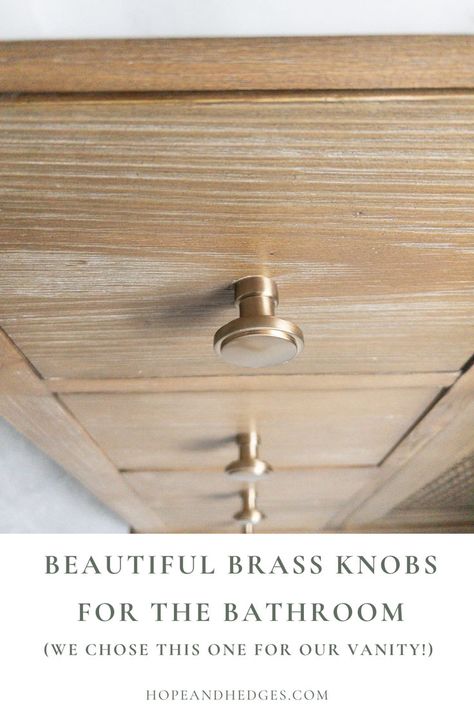 beautiful brass knob | Emtek knob | brass bathroom hardware Wood Vanity Brass Hardware, Bathroom Vanity Hardware, Ikea Shelf Hack, Mudroom Ideas Diy, Powder Room Tile, Brass Bathroom Hardware, Emtek Cabinet Hardware, Kids Bathroom Makeover, Brass Cabinet Knobs