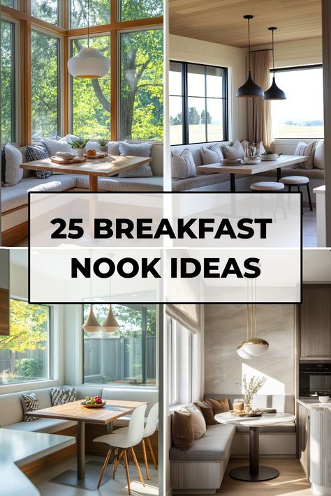 "Collage of stylish and modern breakfast nooks with various design inspirations." Breakfast Nook Sitting Area Cozy, Break Nook Ideas, Breakfast Nook Banquette Seating, Breakfast Nook Sunroom Ideas, Shelves Breakfast Nook, Living Room With Breakfast Nook, Kitchen Window Sitting Area, Window Seat Kitchen Table, Expanding Kitchen Into Breakfast Nook