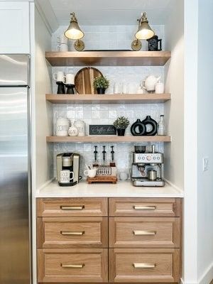 Open Shelving Coffee Station, Drink Station In Kitchen, Starbucks Inspired Kitchen, Coffee Drink Bar In Kitchen, Coffee Nook Built In, Pantry Turned Coffee Bar, Kitchen Drink Fridge, Kitchen Nook Coffee Bar, Drink Station Home Beverage Center