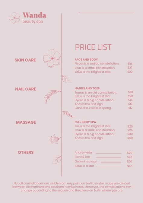 Spa Price List Design Templates, Spa Price List Design, Spa Price List, Bella Nails, Price List Design, Spa Menu, Esthetician Marketing, Spa Prices, Price List Template