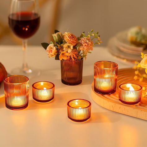 Amber Tea Light Candle Holders Candles Living Room, Table Decorations Fall, Fall Fireplace Mantel, Beautiful Thanksgiving Table Settings, Amazon Fall Decor, Gold Candlestick Holders, Tea Light Candle Holders, Tea Candle Holders, Fall Fireplace