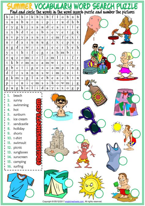 Summer ESL Printable Word Search Puzzle Worksheet Summer Esl Worksheet, Summer English Worksheet, Summer Vocabulary Worksheet, Summer Holidays Worksheet, Summer Worksheets For Kids, Summer Word Search, Holiday Word Search, Summer Vocabulary, Word Search Puzzles Printables