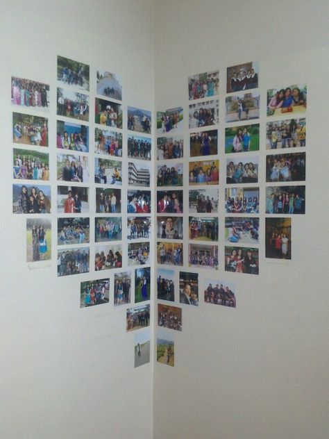 Diy Wall corners photo collage. Heart Photo Collage Wall, Diy Photo Collage Wall, Heart Picture Collage, Heart Photo Walls, Photo Collage Diy, Wall Picture Frames, Crafts For The Home, Diy Crafts For The Home, Heart Photo Collage