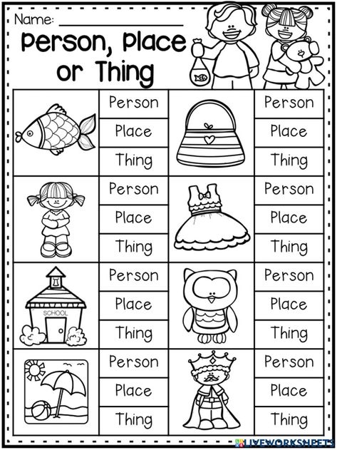 Nouns Worksheet Kindergarten, Nouns Kindergarten, Kindergarten Grammar Worksheets, Nouns And Verbs Worksheets, Kindergarten Grammar, Person Place Thing, First Grade Curriculum, Homeschool Worksheets, Nouns Worksheet