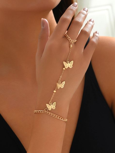 Butterfly Charm Mittens Bracelet | SHEIN USA Aesthetic Hand Jewelry, Golden Accessories Jewelry, Mittens Bracelet, Golden Jewellery, Western Jewellery, Finger Bracelets, Jewelry Bracelets Gold, Golden Jewelry, Jewelry Accessories Ideas