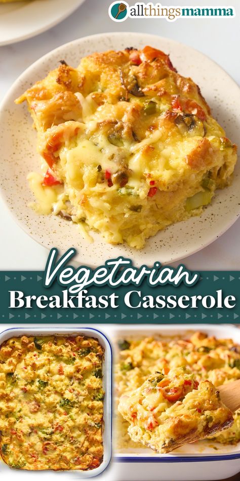 Vegetarian Breakfast Casserole collage image pin. Casserole With Hashbrowns, Breakfast Casserole With Hashbrowns, Vegetarian Breakfast Casserole, Peach Kitchen, Vegetarian Sausages, Veggie Sausage, Vegetarian Christmas, Hashbrown Breakfast Casserole, Christmas Morning Breakfast