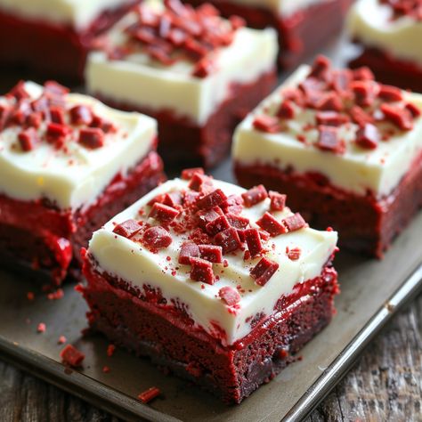 Red Velvet Brownies with Cream Cheese Frosting - Good For Recipes Red Velvet Treats, Brownies With Cream Cheese Frosting, Red Velvet Bars, Brownies With Cream Cheese, Banana Split Pie, Frosted Brownies, Apple Crisp Cheesecake, Velvet Brownies, Red Velvet Brownies