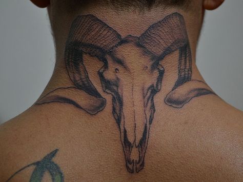 Back Neck Tattoos Ram Neck Tattoo, Tattoo On Back Neck, Aries Tattoo For Men, Kneck Tattoos, Back Of Neck Tattoo Men, Aries Sun Sign, Aries Tattoos, Aries Sun, Black Men Tattoos