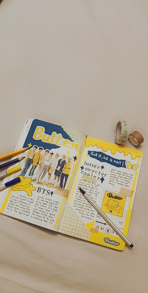 Butter Journal Ideas, Kpop Diary Ideas, Kpop Collage Journal, Bts Scrapbook Ideas, Bts Diary Ideas, K Pop Journal Ideas, Butter Journal, Bts Journal Ideas, Kpop Scrapbook