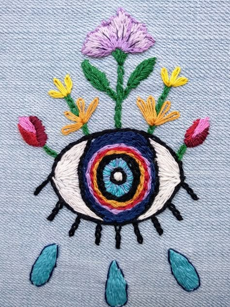 Eye Embroidery Pattern, Evil Eye Embroidery, Funky Embroidery, Hippie Embroidery, Eye Embroidery, Clothes Embroidery Diy, Embroidery Sweater, Embroidery On Clothes, Stitching Art