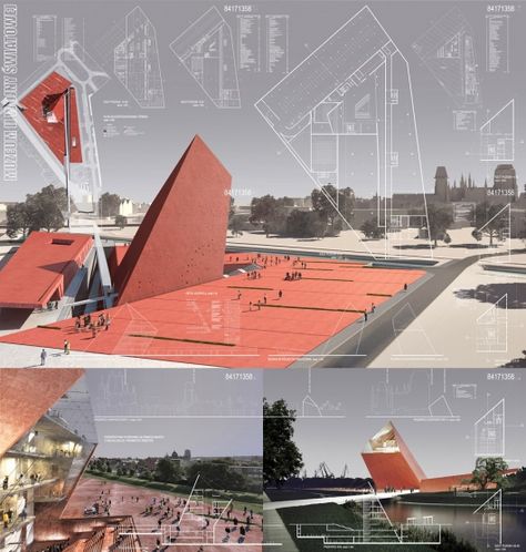 Gdansk, 2nd World War Museum, Competition Winner Memorial Park Design, Memorial Architecture, Auditorium Architecture, Museum Plan, Deconstructivism, Competition Winner, Architecture Presentation Board, Architecture Panel, Unusual Buildings