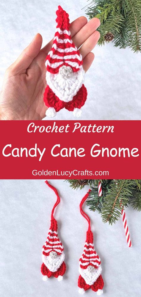 Crochet Candy Cane Gnome - GoldenLucyCrafts Crochet Christmas Candy, Free Crochet Pattern Christmas, Crochet Candy Cane, Crochet Gnomes Pattern Free, Small Crochet Gifts, Crochet Candy, Crochet Applique Patterns Free, Winter Ornaments, Candy Ornaments