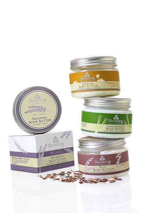 Product: Body Butter Brand: Blooming Company: Siam Wellness Lab Co.,Ltd. Details: 4 choices of skin moisturizer- Relaxing, Jasmine, Lemongrass & Lavender Body Butter Packaging Design, Moisturizer Packaging Design, Body Butter Branding, Body Butter Packaging Ideas, Shea Butter Packaging, Organic Skin Care Packaging, Body Butter Packaging, Herbal Scrub, Cosmetic Labels Design