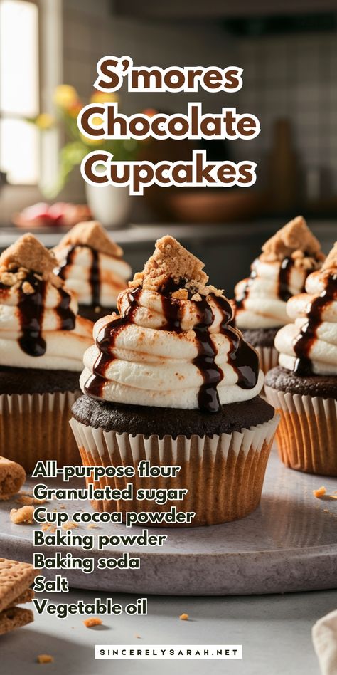 S’mores Chocolate Cupcakes | Sugar&Cinnamon S’more Cupcake Recipe, Campfire S’mores Cupcakes, S’mores Cupcake, Rodeo Cupcakes, Chocolate Cupcake Ideas, Bonfire Cupcakes, Smore Cupcakes, Smores Cupcake, Mint Chocolate Chip Cupcakes