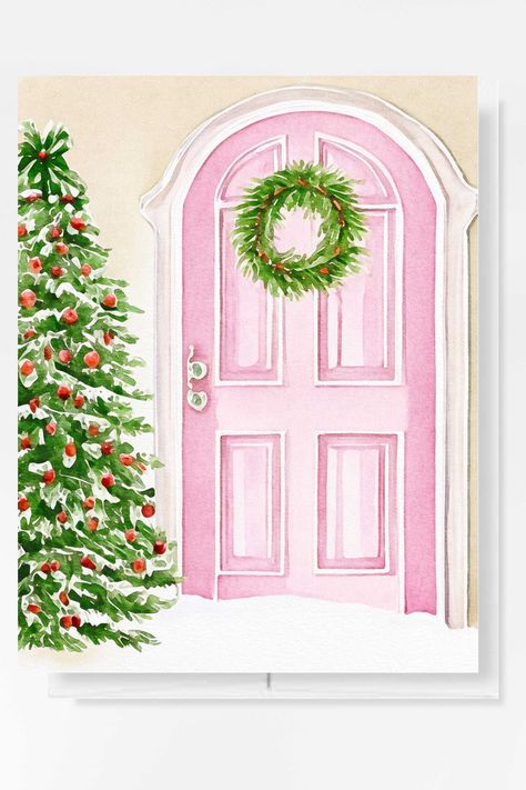 Pink Christmas Card Ideas, Aesthetic Christmas Painting, Merry Pinkmas, Pink Christmas Cards, Christmas Card Watercolor, Door Tree, Painting Journal, Watercolor Holiday, Wedding Napkins Personalized