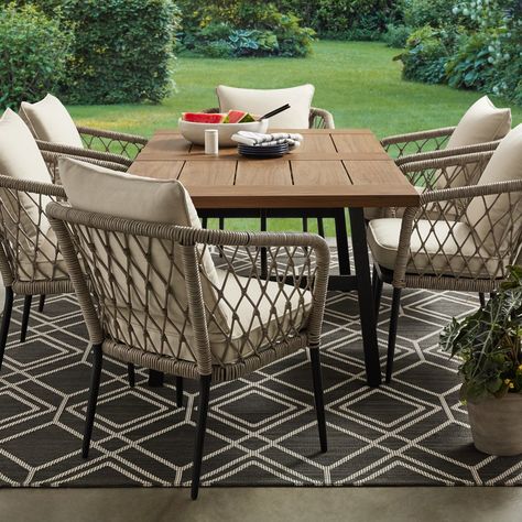 Patio Tables And Chairs, Back Porch Table Ideas, Outdoor Patio Tables And Chairs, Dining Set Outdoor, Farmhouse Outdoor Dining Table, Outdoor Dining Area Design, Simple Patio Decor, Deck Dining Ideas, Deck Furniture Inspiration