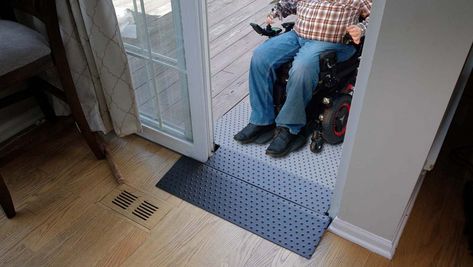 Doorway Threshold Ramps for Wheelchairs, Walkers, Scooters Door Threshold Ideas, Threshold Ideas, Wheelchair Ramp Design, Outdoor Ramp, Rubber Ramp, Wooden Ramp, Aluminum Ramp, Basement Doors, Sliding Doors Exterior