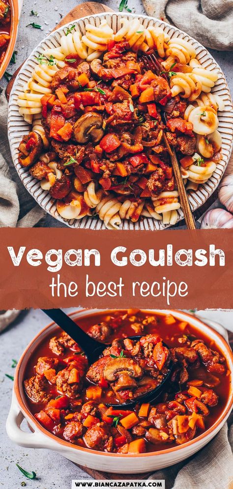 Vegan Goulash (Hungarian Stew) This vegan Hungarian-style goulash recipe is a popular dish that is not only easy to make, but also healthy, protein-rich and delicious. Try it out and share it with family and friends - they won't taste the difference from the original! Goulash Vegetarian, Hungarian Stew, Vegan Hungarian, Vegan Cheesecake Easy, Vegan Goulash, Vegan Food Pyramid, Vegan Bbq Recipes, Hungarian Goulash, Vegan Protein Sources