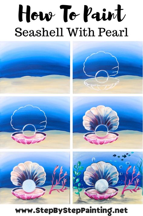 Seashell Pearl - Acrylic Painting Tutorial How To Paint Under The Sea, Starfish Painting Easy, Under The Sea Painting Easy, 11x14 Canvas Painting Ideas, Seashell Painting Acrylic, Ocean Themed Paintings, Paint Ideas Easy, Summer Paintings On Canvas, Clam With Pearl