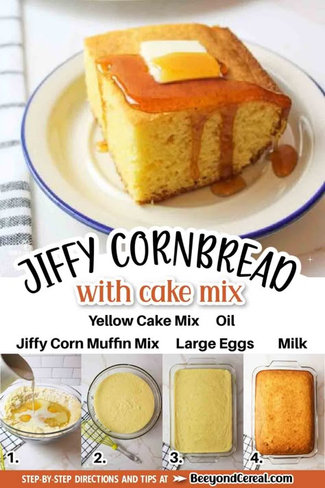 Jiffy Cake Cornbread, Best Cornbread Recipe Jiffy Cake Mixes, Sweet Cornbread Recipe Jiffy Yellow Cakes, Jiffy And Cake Mix Cornbread, Cornbread Cake Mix Recipe, Cake Mix Cornbread Recipe, Cornbread Box Hack, Cornbread Recipe For Large Crowd, Cornbread Cake Recipe Jiffy