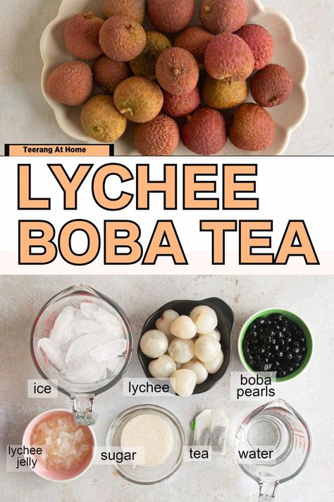 Try this Lychee Smoothie Recipe turned bubble tea! With a blend of fruity lychee and chewy tapioca pearls, this Lychee Tea is a fun and refreshing drink. Simple to make and perfect for a cool treat any time of day. Fruity Tea Recipes, Boba Pearl Recipe, Lychee Smoothie, Lychee Bubble Tea, Lychee Drink, Lychee Recipes, Bubble Tea At Home, Lychee Tea, Lychee Jelly