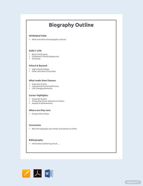 Professional Biography Outline Template How To Write A Biography Templates, Auto Biography Example, Personal Biography Template, Auto Biography Writing, Personal Biography Examples, Biography Report Template, Autobiography Template, Biography Book Report, Biography Report