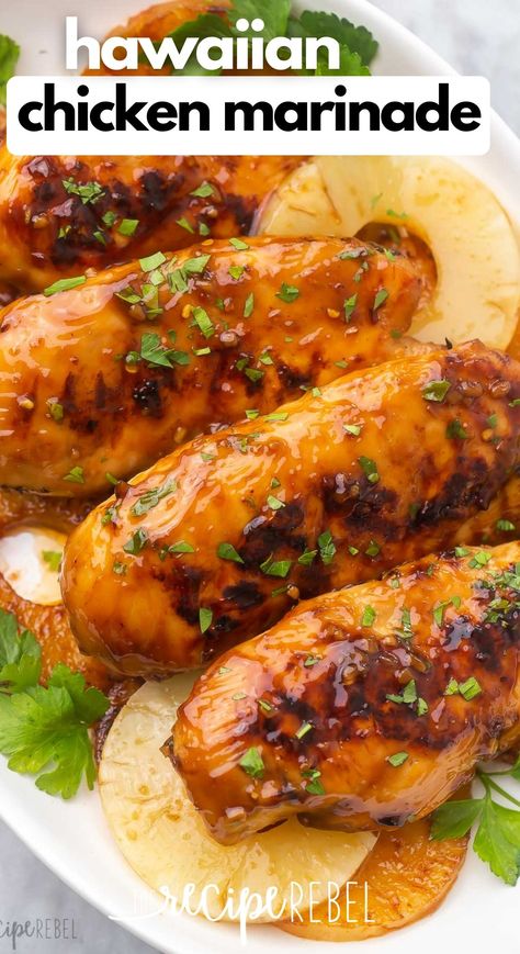 This Hawaiian Chicken recipe is perfect for dinner on a busy weeknight for the whole family! Ready in just 30 minutes, with instructions on how to cook it on the grill or in the oven, you'll want to save this delicious chicken recipe for later! #recipe #chicken | chicken marinade | chicken recipes | dinner ideas | dinner recipes | grilling recipes | grilled chicken Hawaiian Chicken Marinade For The Grill, Hawaiian Chicken Marinade, The Recipe Critic, Marinated Grilled Chicken Recipes, Chicken On The Grill Recipes, Marinade For Chicken, Hawaiian Chicken Crockpot, Hawaiian Chicken Recipes, Grilled Chicken Recipes Easy