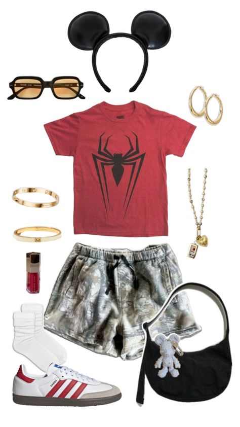 #outfit #disney #disneyland #spiderman #marvel #sony #californiaadventure #outfitinspo #lookbook #inspo #fashion #camo #goldjewelry #adidas #baggu #aesthetic Disney Outfits Women, Outfit Disney, Disney Outfit, California Adventure, Disney Outfits, Disneyland, Spiderman, Gold Jewelry, Camo