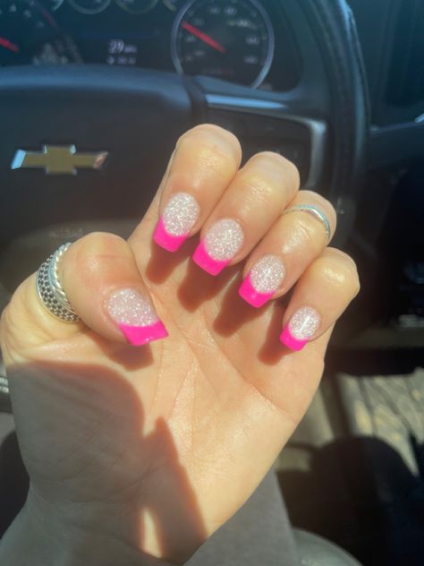 Neon And Silver Nails, Hot Pink Vegas Nails, Bright Pink And Silver Nails, Prom Nails Pink And White, Hot Pink Wedding Nails For Bride, Hot Pink Bachelorette Nails, Fuisha Pink Nails, Hot Pink Pearl Nails, Spring Trendy Nails Pink