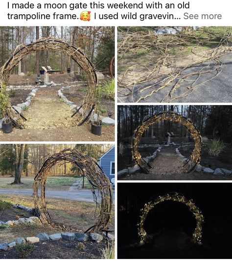 Upcycled Trampoline, Trampoline Ideas, Old Trampoline, Creative Garden Decor, Moon Gate, Natural Fence, Easy Backyard, Garden Entrance, Garden Crafts Diy