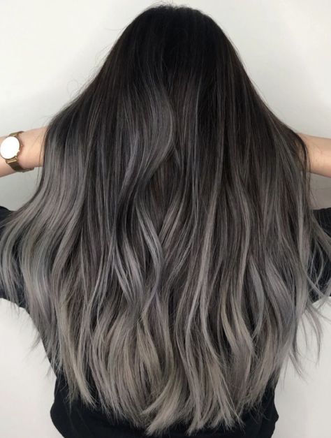 Silver Ombre Hair Brown To, Grey Blending Balayage Brunette, Gray Balayage On Brown Hair, Greige Balayage, Grey Hair Balayage, Smokey Ash Brown Balayage Dark, Pelo Color Ceniza, Ash Gray Balayage, Ash Brown Hair Balayage