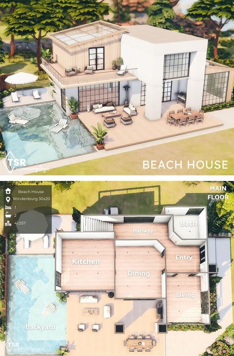 Beach House Layout Sims 4 Beach House, Beach House Layout, Sims 4 Modern House, Beach House Flooring, Sims 4 Houses Layout, Lotes The Sims 4, Sims 4 House, Sims Freeplay Houses, Sims 4 Challenges