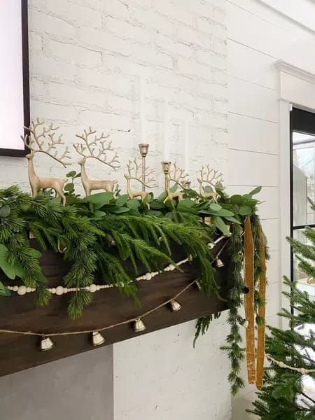 Mantle Greenery, Garland On Mantle, Christmas Garland Mantle, Christmas Mantel Decor, Slim Christmas Tree, Christmas Reindeer Decorations, Fireplace Mantle Decor, Spring Table Decor, Christmas Mantle Decor