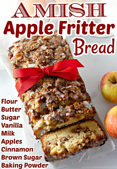 Amish Apple Fritter Bread is a sweet, soft, quick-bread filled with apples and sweet brown sugar cinnamon. A delicious treat with coffee or tea, serve this delicious apple bread warm with whipped butter. Bread Pairings, Amish Apple Fritter, Applesauce Bread, Apples And Cinnamon, Apple Fritter Bread, Apple Fritter, Apple Bread, Fritter Recipes, Apple Fritters