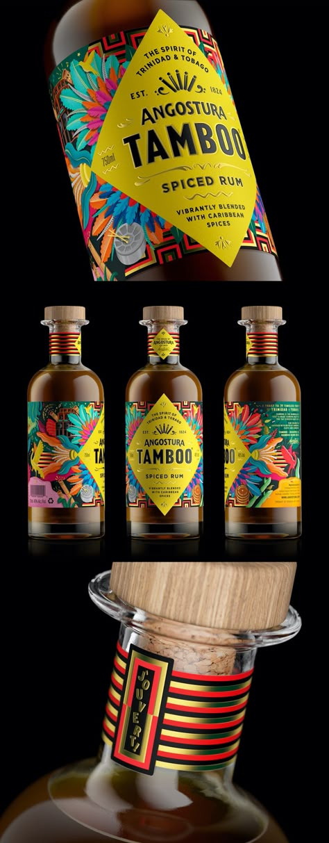 Símil Design - Angostura Tamboo Spiced Rum Packaging Design – Tamboo concept was approached with the idea to give the brand a bold and vibrant attitude. With the ambition to capture the lively and colourful carnival spirit in a bottle; a true spirit of Trinidad & Tobago where Angostura spent centuries perfecting their rum-making techniques. – #labeldesign #packagingdesign #graphicdesign #branding #branddesign #worldbranddesign Alcohol Bottle Packaging, Bold Label Design, Packaging Design Alcohol, Vibrant Packaging Design, Cocktail Label Design, Rum Packaging Design, Rum Label Design, Alcohol Branding Design, African Packaging Design