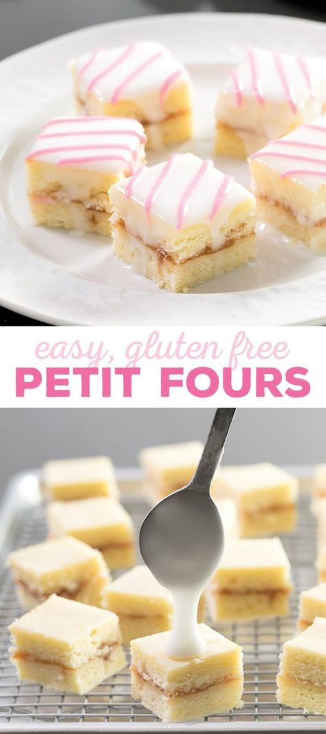 These delicate little petit fours are just tiny iced almond cakes, covered with a simple icing. If you've ever wondered how petit fours are made, or just what that icing is made of, this recipe is for you! #glutenfreecake #glutenfreerecipes Petifores Recipe, Easy Petit Fours, Petit Fours Recipe Easy, Gluten Free Almond Cake, Simple Icing, Petit Four Recipes, Easy Icing Recipe, Gluten Free Christmas Recipes, Gluten Free Christmas