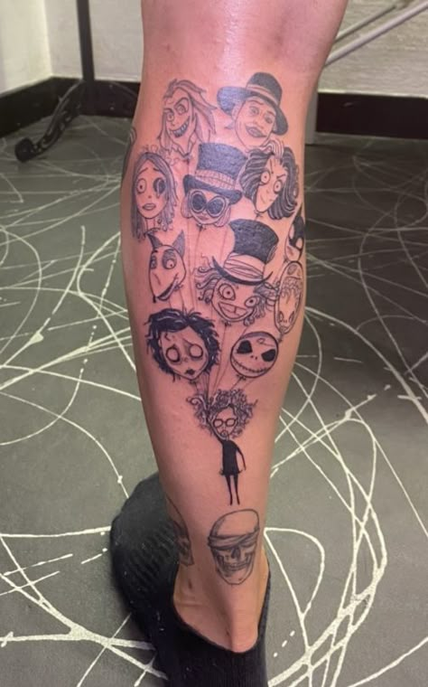 Tim Burton Back Tattoo, Tim Burton Style Tattoo Ideas, Tim Burton Leg Tattoo, Rick And Morty Matching Tattoo, Caroline Tattoo Tim Burton, Sally Tattoo Tim Burton, Tim Burton Sleeve Tattoo, Tim Burton Tattoo Ideas, Tim Burton Sleeve