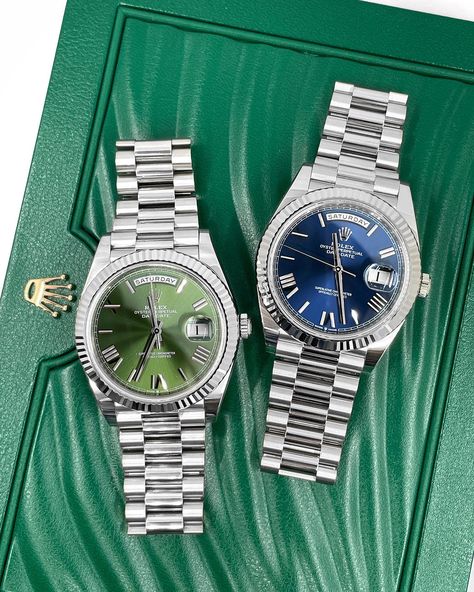 The day-date is an iconic model. But some of our customers run into the issue of picking between the olive green dial or the blue dial. What would be your all-time favorite configuration of the Day-Date? #entrepreneurlife #successminded #successful #richlifestyle #luxurylife #exquisite #rolex #rolexwatches #rolexwrist #rolexpassion #watchaddict #watchcollector #watchcollection Rolex Olive Green, Rolex Green Dial, Clear Bracelet, Rolex Day Date, Blue Ombre, Affordable Luxury, White Dial, Pink Opal, Swiss Watches