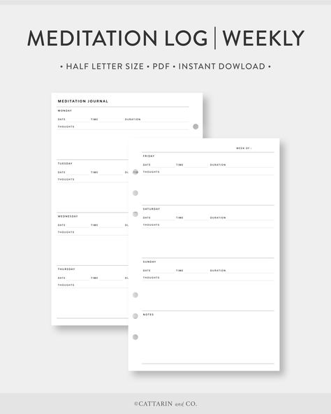 Half letter, Meditation Log Weekly | Week on Two Pages | Weekly Printable Planner By  Leonard Deen Meditation Journal Template, Meditation Planner, Template Journal, Printable Budget Worksheet, Simple Weekly Planner, Weekly Planner Free Printable, Weekly Planner Free, Undated Weekly Planner, Planner Minimalist