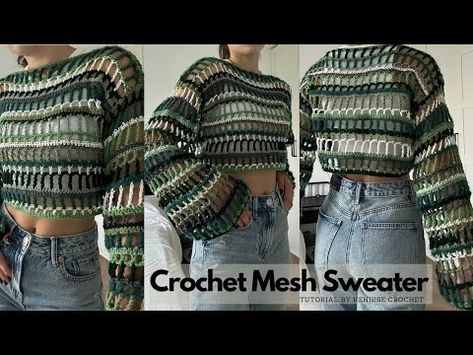 Crochet Mesh Sweater Tutorial I Kenikse Crochet - YouTube Crochet Mesh Sweater, Crochet Shorts Pattern, Sweater Tutorial, Crochet Long Sleeve Tops, Ladies Blouses, Flowy Skirts, Crochet Shrug Pattern, Crochet Idea, Crop Pullover