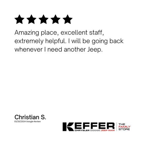 ⭐⭐⭐⭐⭐ Rave Review Alert! We're thrilled to share a glowing 5-star review from one of our satisfied customers! Experience the same top-notch service when you visit Keffer Jeep for your next car need. Whether you're in the market for a new ride or need expert service, we're here to exceed your expectations. 🚗💨 ⁠ ⁠ #KefferJeep Rave Review, Car Service, 5 Star, Jeep, To Share, Marketing, Quick Saves