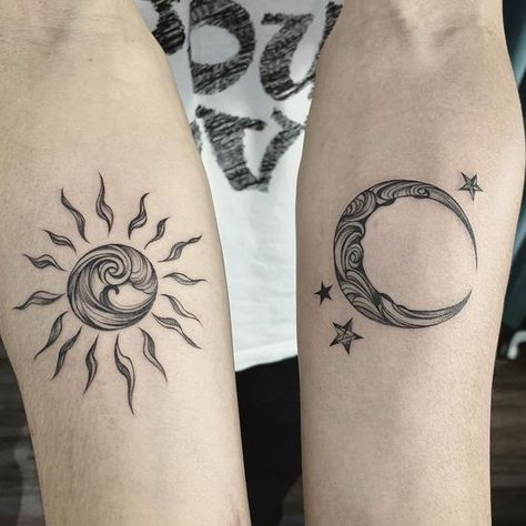 sun or moon? #forearmtattoos #suntattoos #moontattoos Sun And Moon Tattoo Combined, Couples Moon And Sun Tattoo, Unique Sun And Moon Tattoo Matching, Sun Moon Forearm Tattoo, Tattoo Moon And Sun Couple, Couple Tattoo Sun And Moon, Moon Sun Tattoo Couple, Sun And Moon Tattoo Couple, Matching Tattoos Men